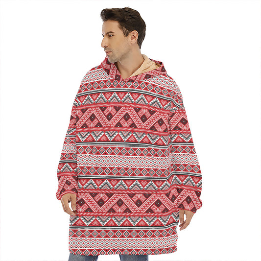 Red And White Native Tribal Print Hoodie Blanket