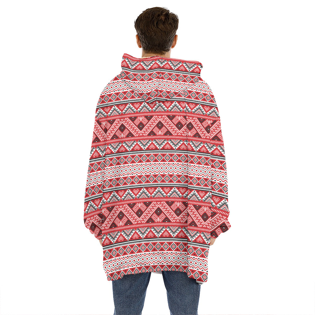 Red And White Native Tribal Print Hoodie Blanket