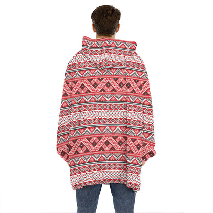 Red And White Native Tribal Print Hoodie Blanket