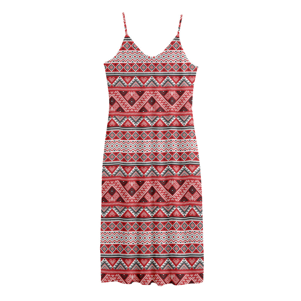Red And White Native Tribal Print Jersey Midi Cami Dress