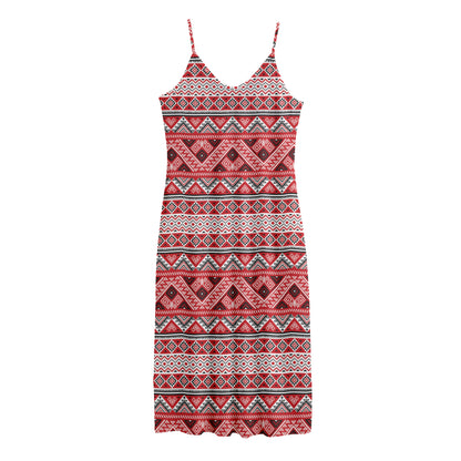 Red And White Native Tribal Print Jersey Midi Cami Dress