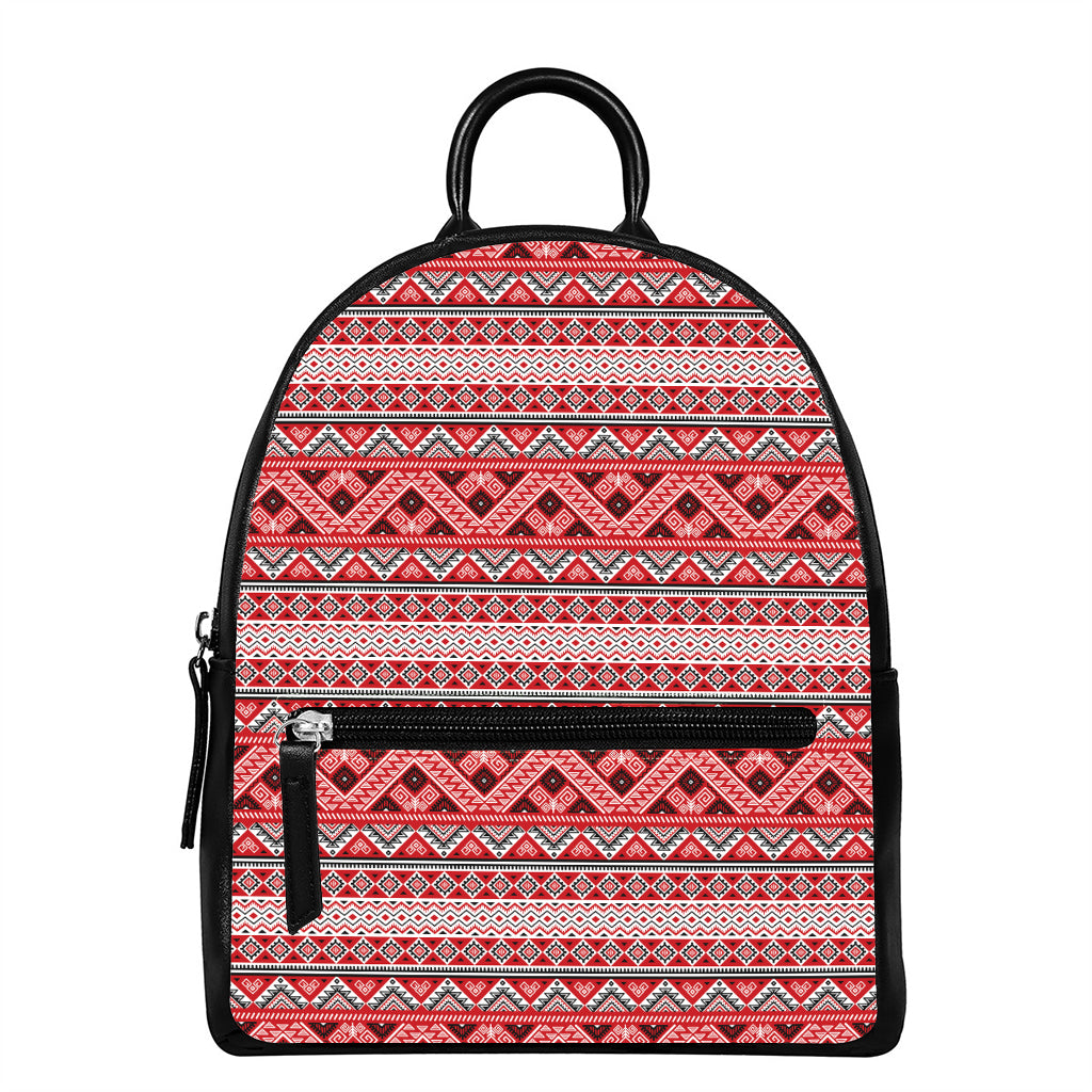 Red And White Native Tribal Print Leather Backpack