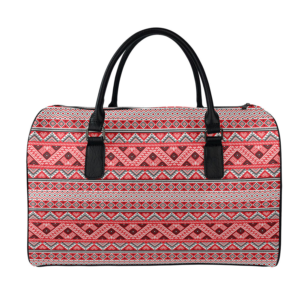 Red And White Native Tribal Print Leather Duffle Bag