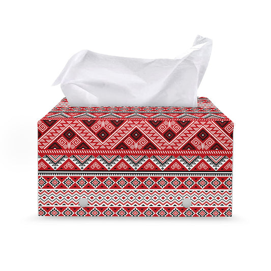Red And White Native Tribal Print Leather Tissue Box Cover