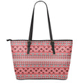 Red And White Native Tribal Print Leather Tote Bag With Zipper