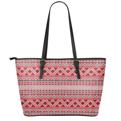 Red And White Native Tribal Print Leather Tote Bag