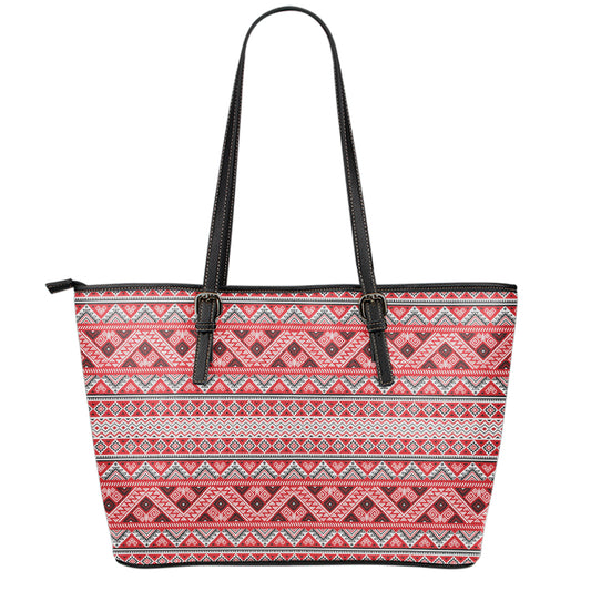 Red And White Native Tribal Print Leather Tote Bag