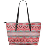 Red And White Native Tribal Print Leather Tote Bag