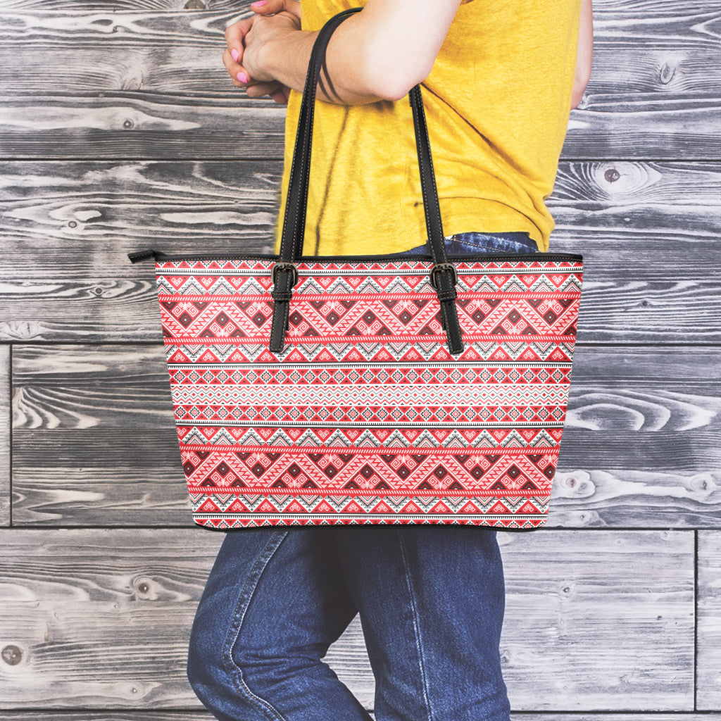 Red And White Native Tribal Print Leather Tote Bag