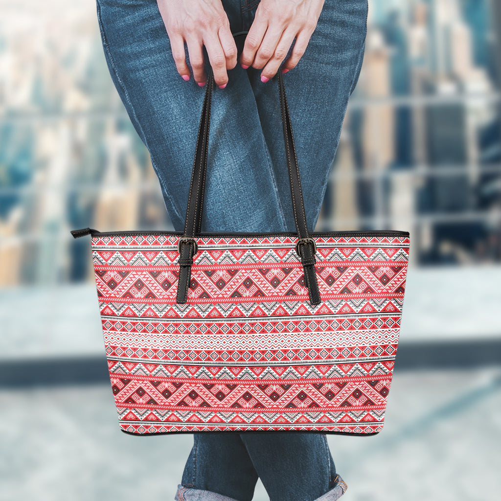 Red And White Native Tribal Print Leather Tote Bag