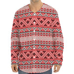 Red And White Native Tribal Print Long Sleeve Baseball Jersey