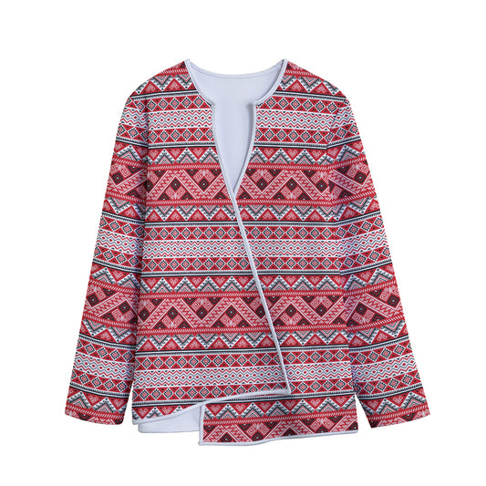 Red And White Native Tribal Print Long Sleeve Short Coat
