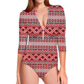 Red And White Native Tribal Print Long Sleeve Swimsuit