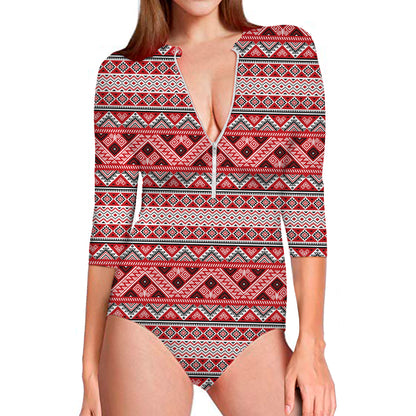 Red And White Native Tribal Print Long Sleeve Swimsuit