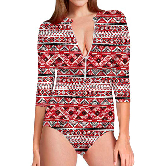 Red And White Native Tribal Print Long Sleeve Swimsuit