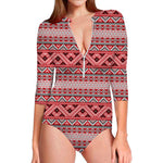 Red And White Native Tribal Print Long Sleeve Swimsuit