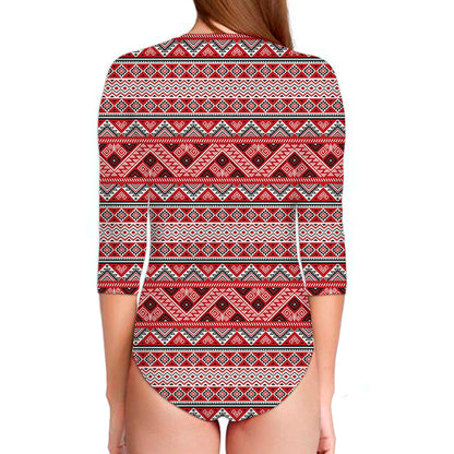 Red And White Native Tribal Print Long Sleeve Swimsuit