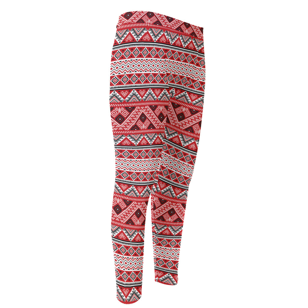 Red And White Native Tribal Print Men's Compression Pants