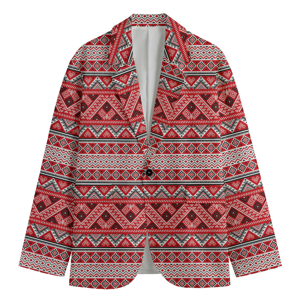 Red And White Native Tribal Print Men's Cotton Blazer