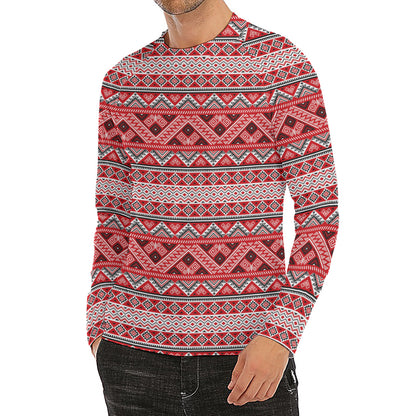 Red And White Native Tribal Print Men's Long Sleeve Rash Guard