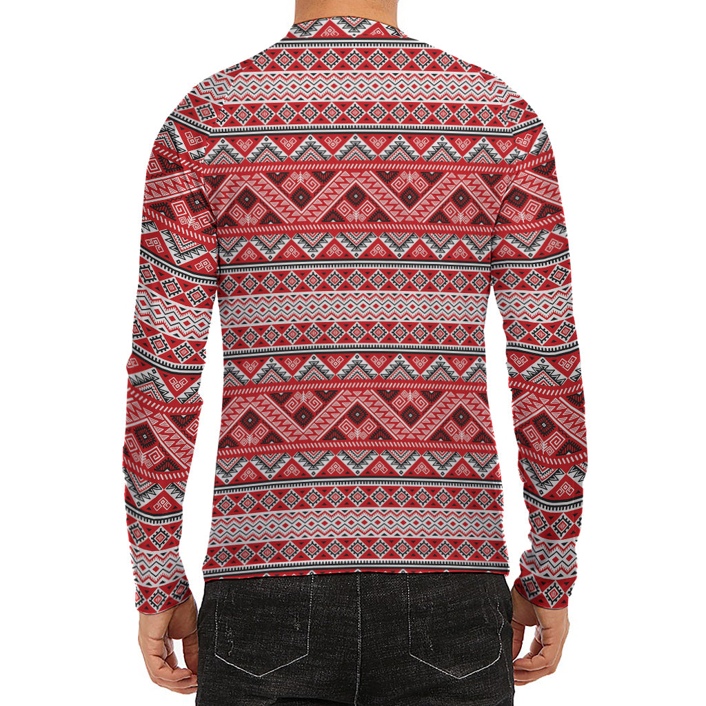 Red And White Native Tribal Print Men's Long Sleeve Rash Guard