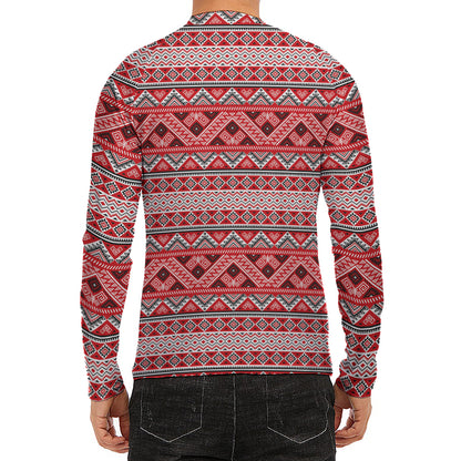 Red And White Native Tribal Print Men's Long Sleeve Rash Guard