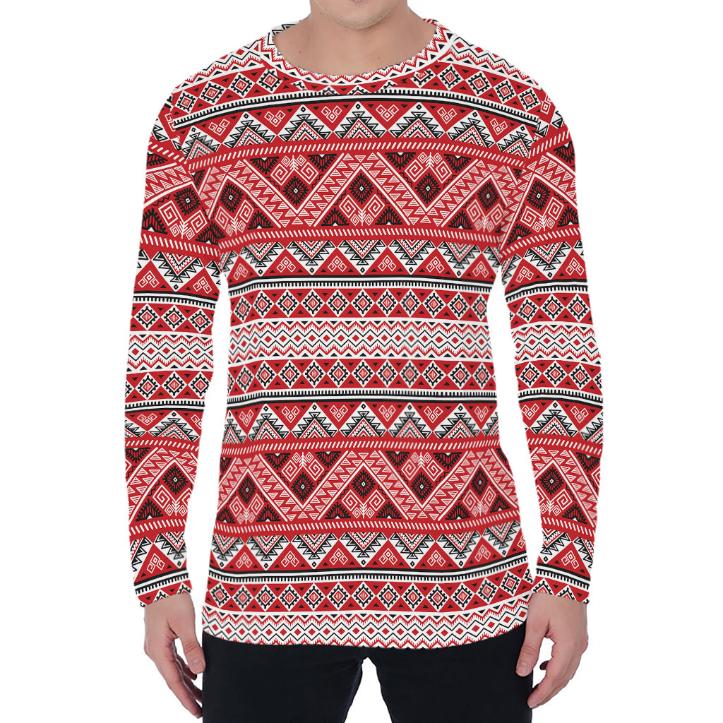 Red And White Native Tribal Print Men's Long Sleeve T-Shirt