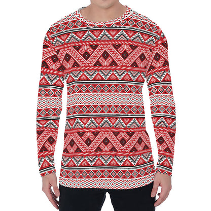 Red And White Native Tribal Print Men's Long Sleeve T-Shirt