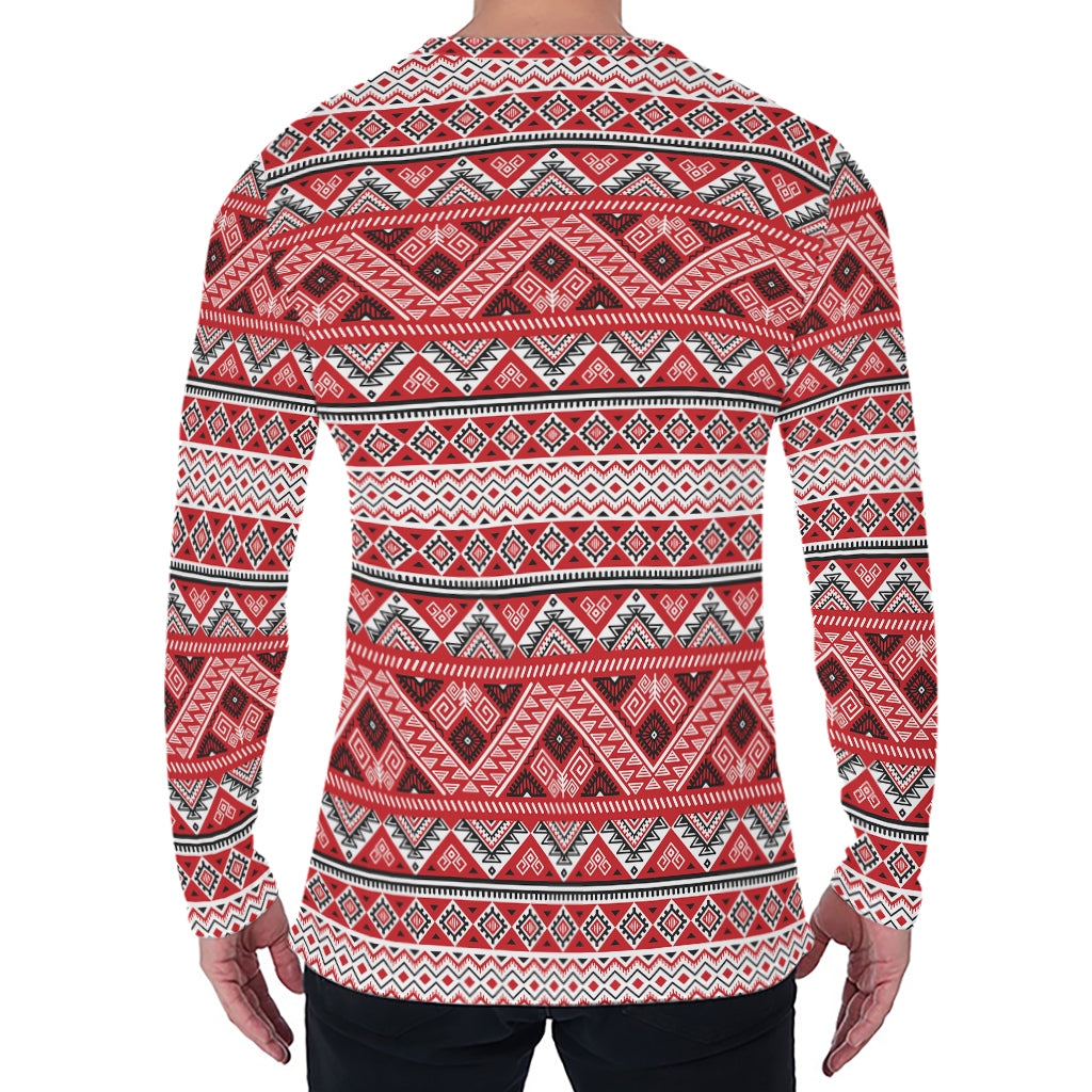 Red And White Native Tribal Print Men's Long Sleeve T-Shirt