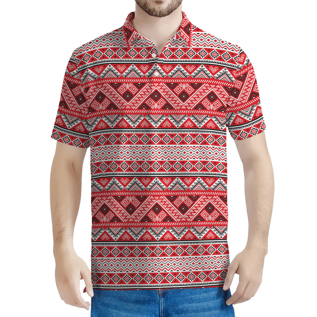 Red And White Native Tribal Print Men's Polo Shirt