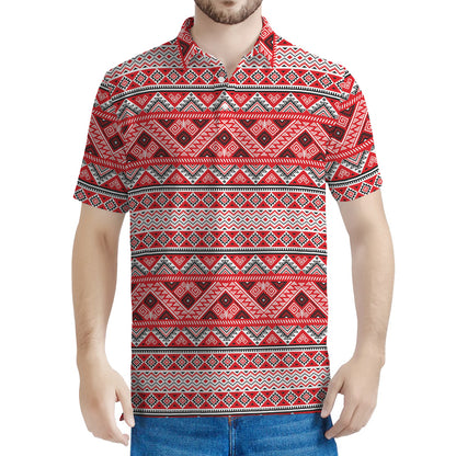 Red And White Native Tribal Print Men's Polo Shirt