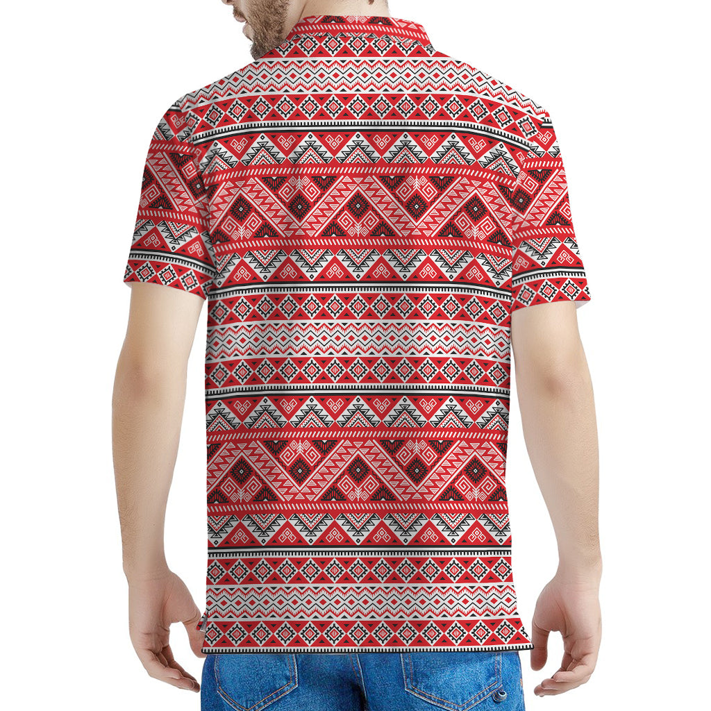 Red And White Native Tribal Print Men's Polo Shirt