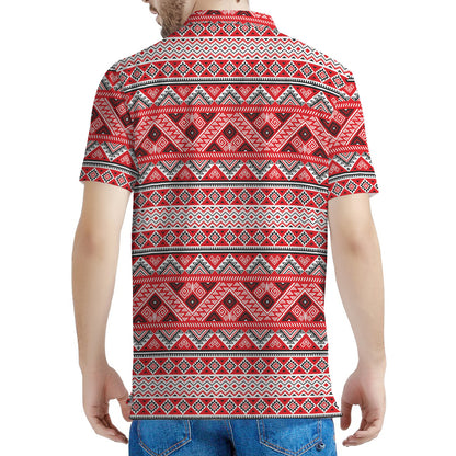 Red And White Native Tribal Print Men's Polo Shirt