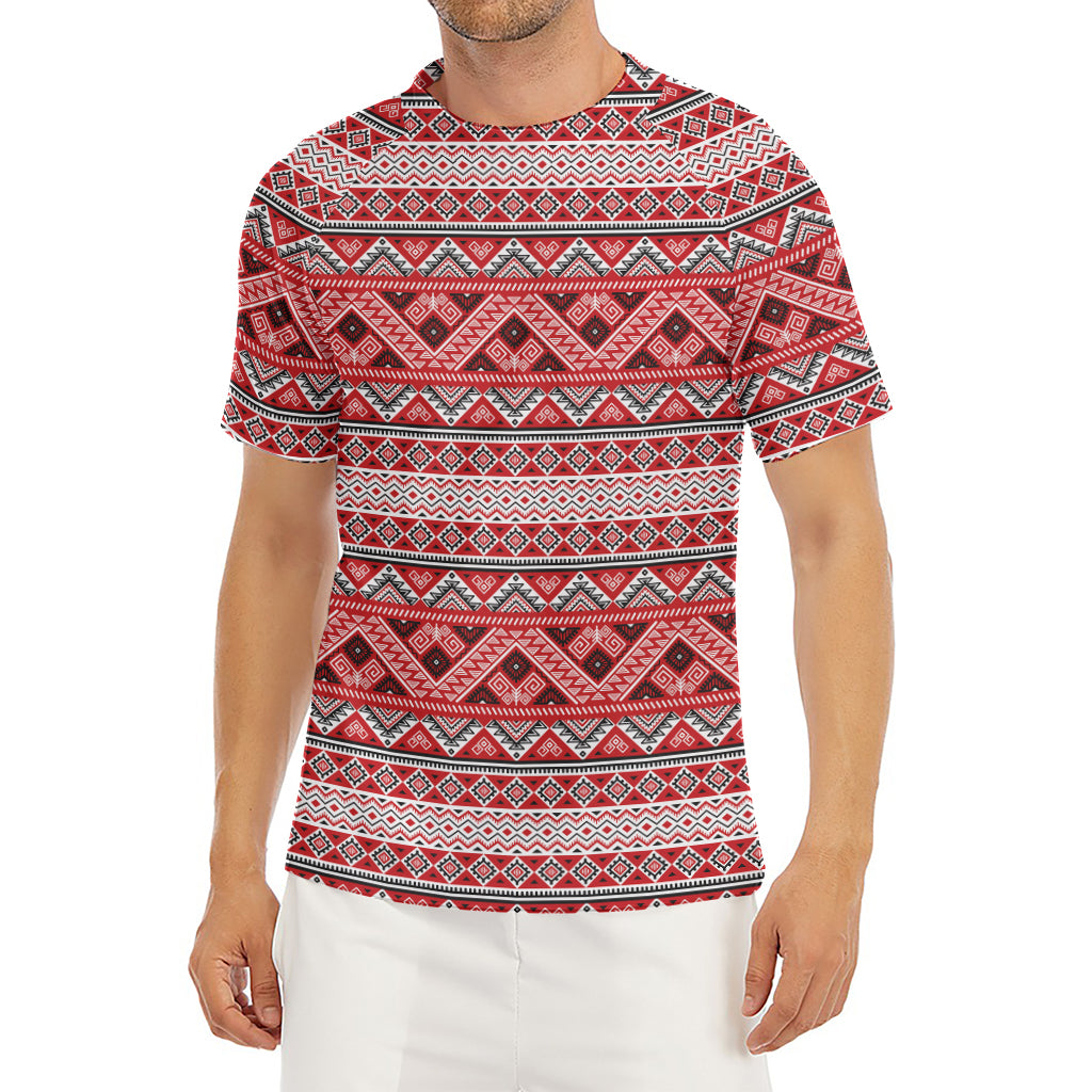 Red And White Native Tribal Print Men's Short Sleeve Rash Guard