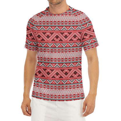 Red And White Native Tribal Print Men's Short Sleeve Rash Guard