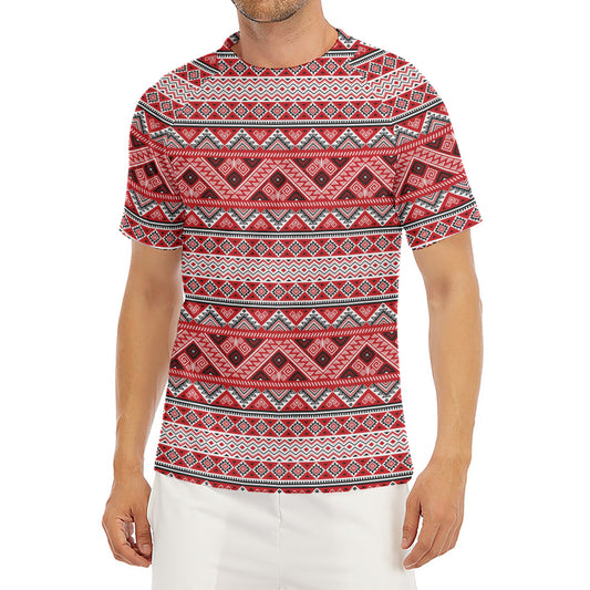 Red And White Native Tribal Print Men's Short Sleeve Rash Guard