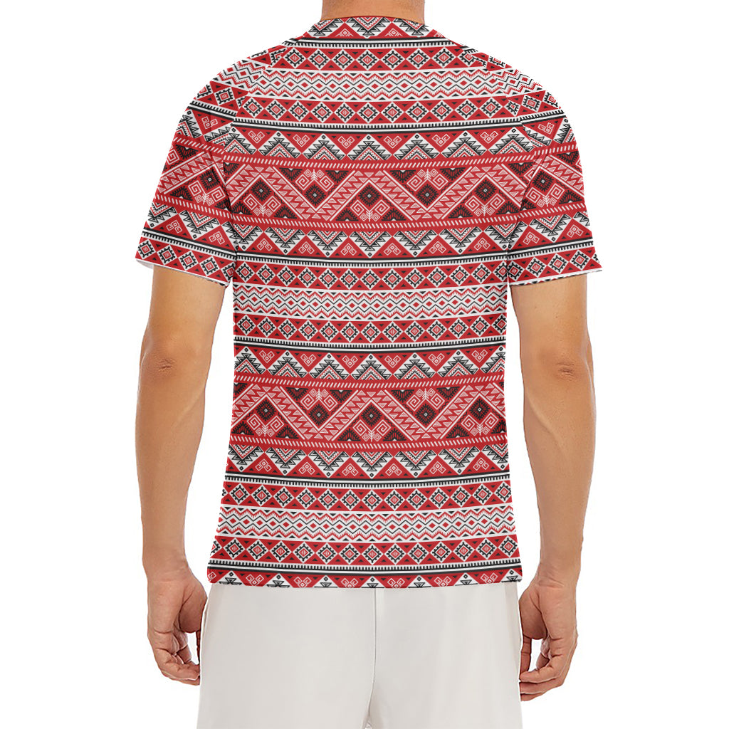 Red And White Native Tribal Print Men's Short Sleeve Rash Guard