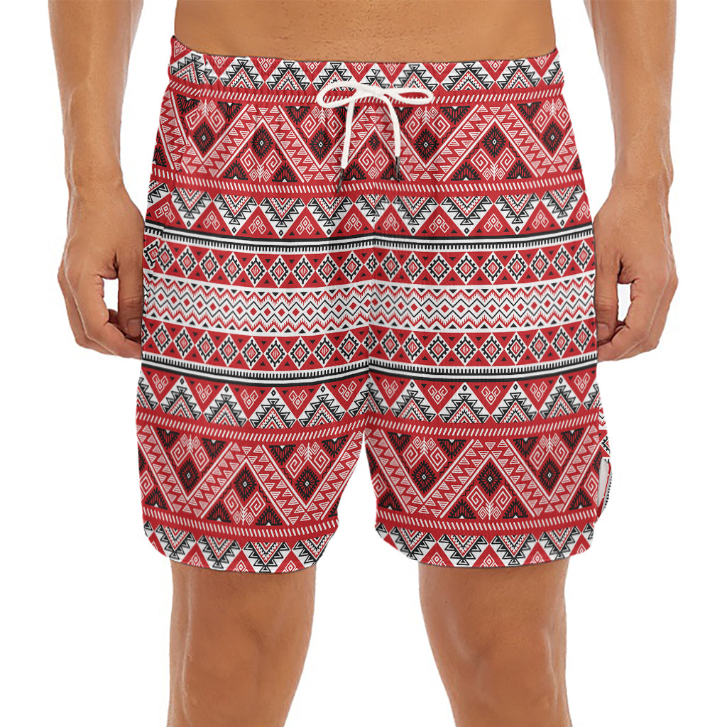 Red And White Native Tribal Print Men's Split Running Shorts