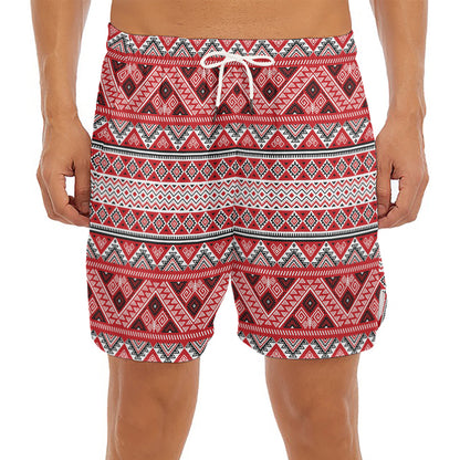 Red And White Native Tribal Print Men's Split Running Shorts