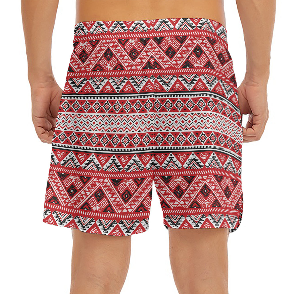 Red And White Native Tribal Print Men's Split Running Shorts