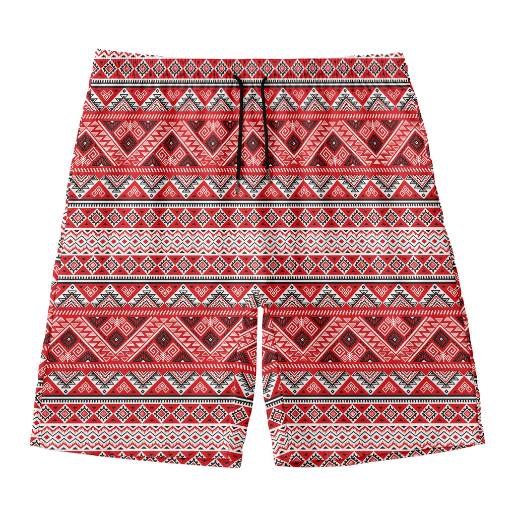 Red And White Native Tribal Print Men's Swim Trunks
