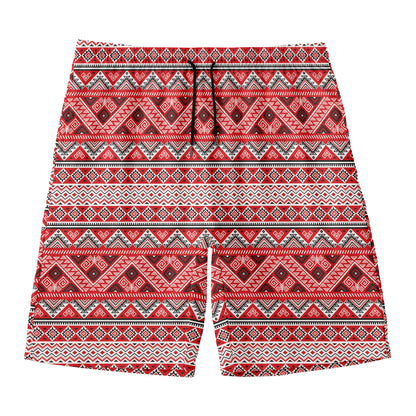 Red And White Native Tribal Print Men's Swim Trunks