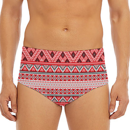 Red And White Native Tribal Print Men's Triangle Swim Briefs
