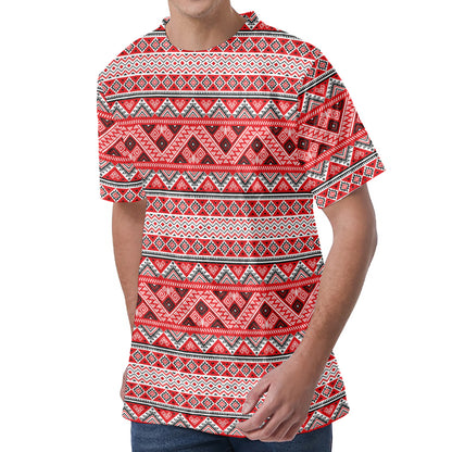 Red And White Native Tribal Print Men's Velvet T-Shirt