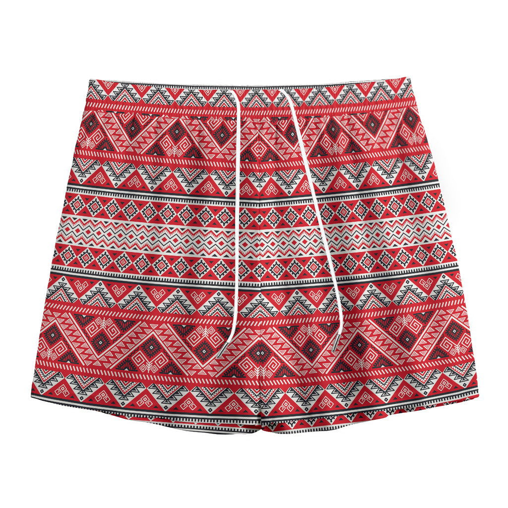 Red And White Native Tribal Print Mesh Shorts