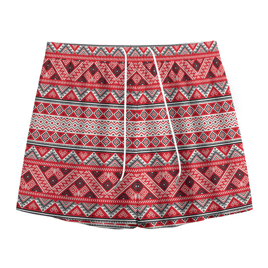 Red And White Native Tribal Print Mesh Shorts