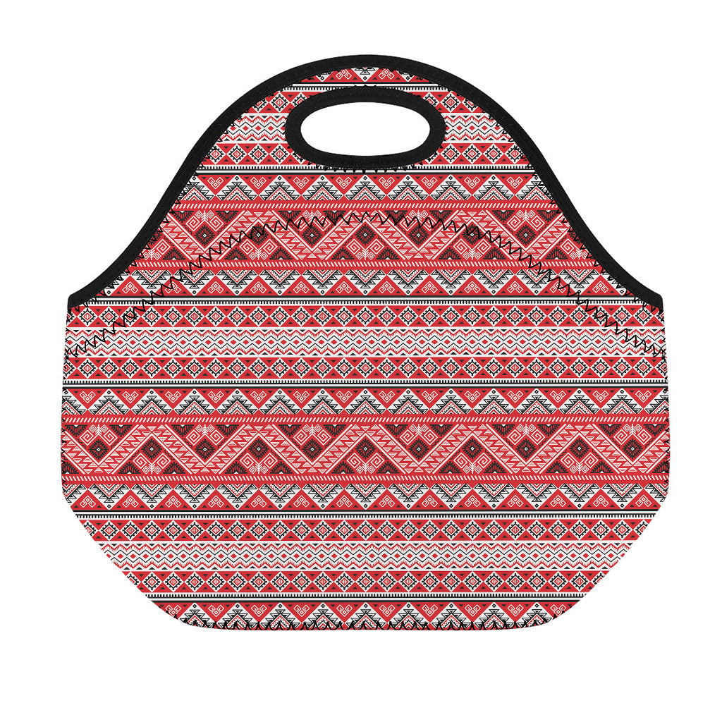 Red And White Native Tribal Print Neoprene Lunch Bag