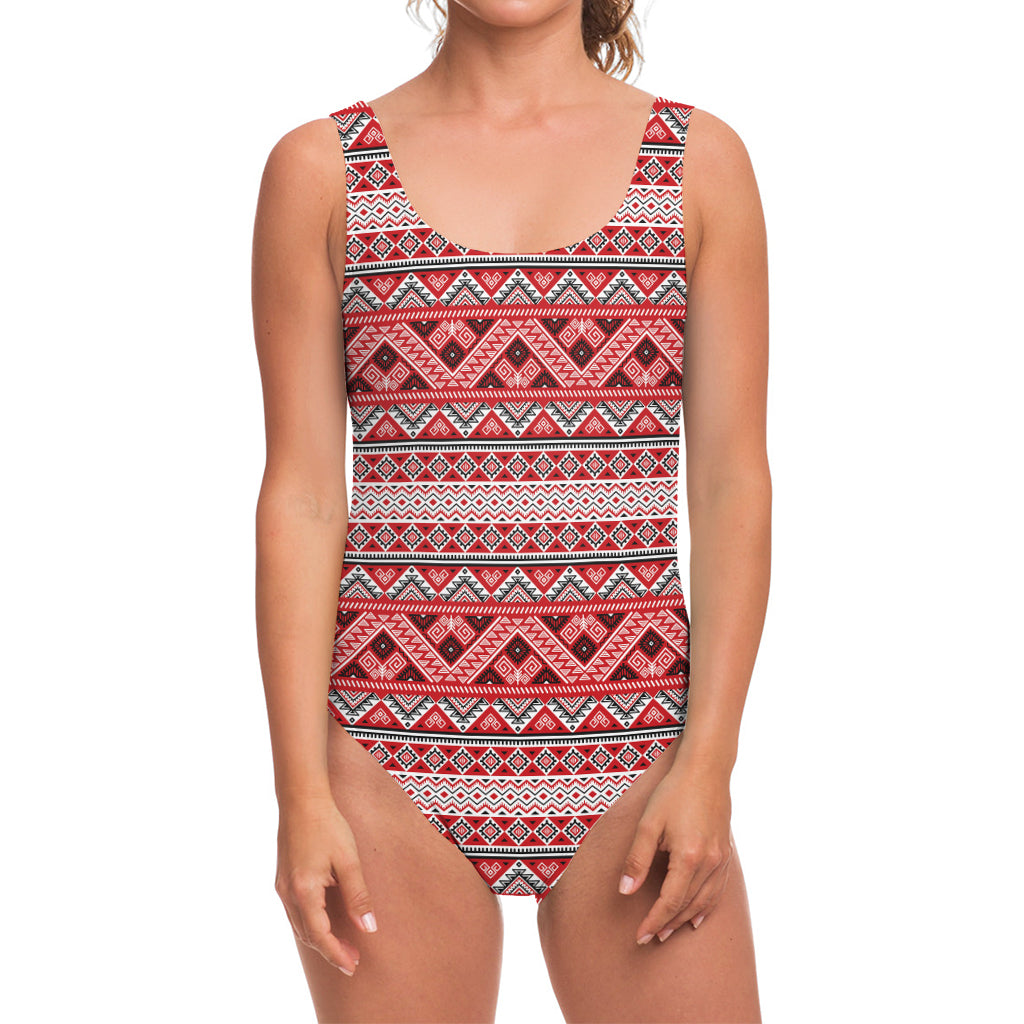 Red And White Native Tribal Print One Piece Swimsuit