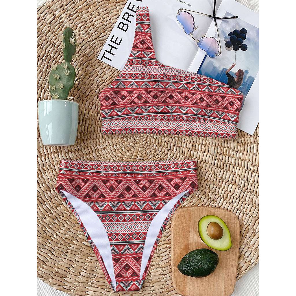 Red And White Native Tribal Print One Shoulder Bikini Top