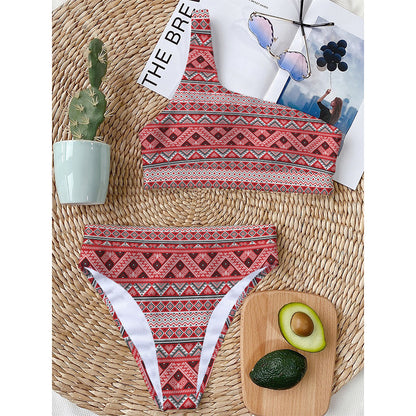 Red And White Native Tribal Print One Shoulder Bikini Top